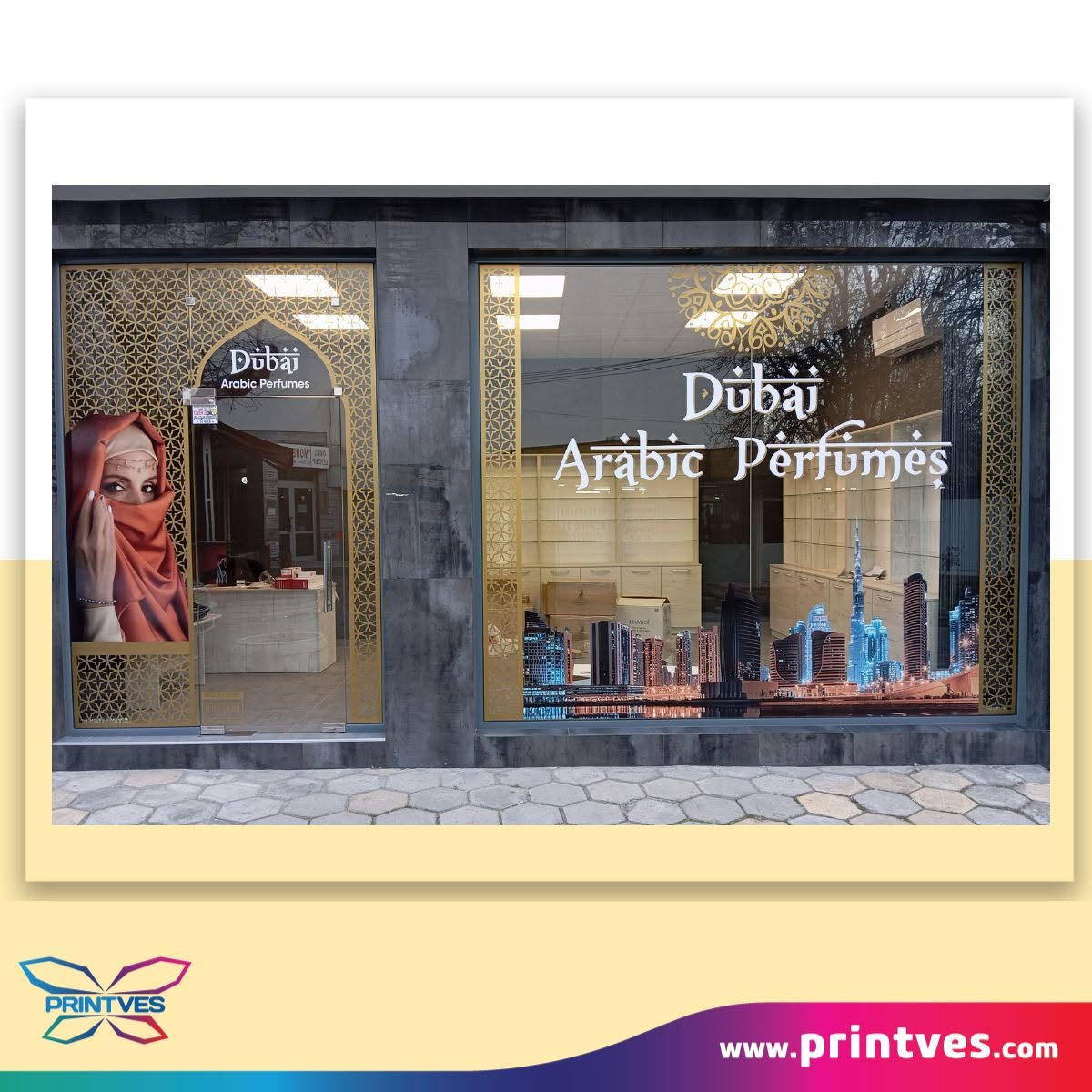 Витрина на магазин Dubai Arabic Perfumes с лого и продуктови графики