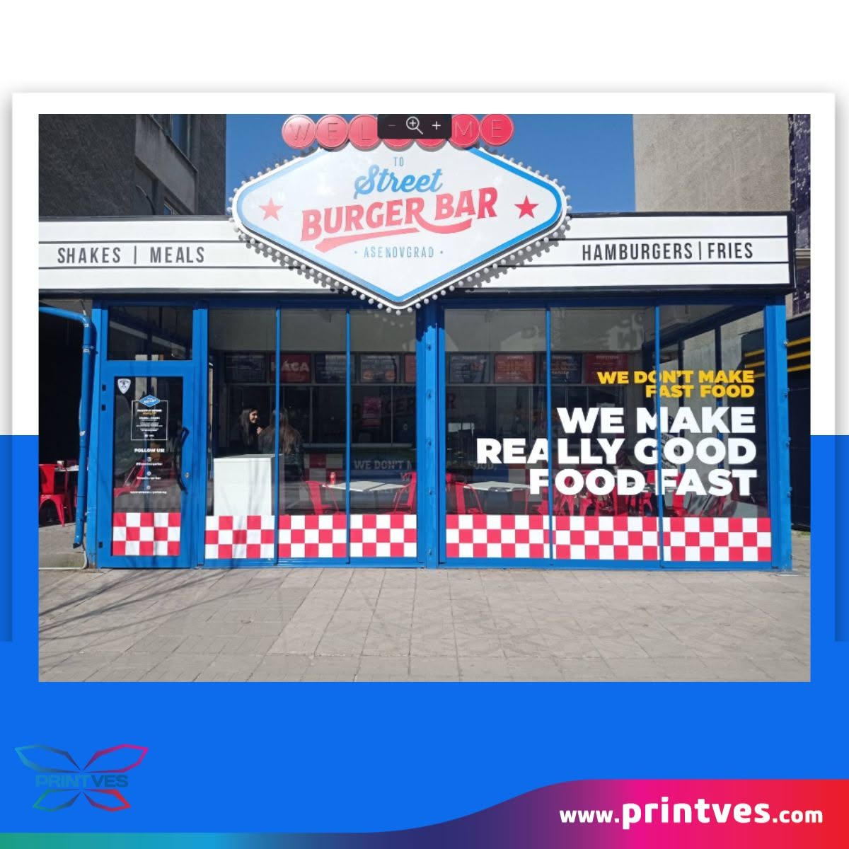 Визуализация на фасада на Street Burger Bar с табела и витрини
