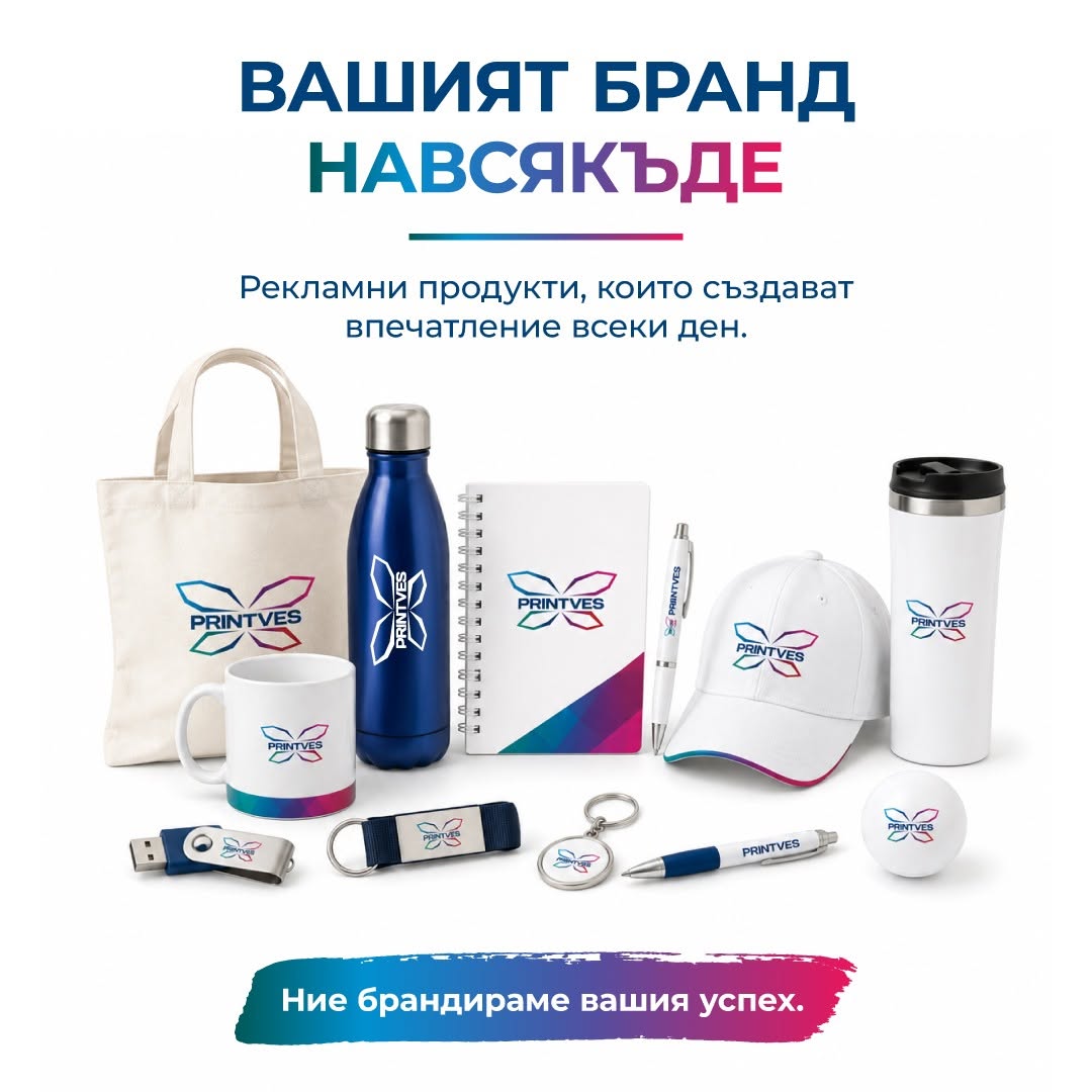 Рекламна визия с брандирани рекламни продукти – торба, бутилка, шапка и чаши