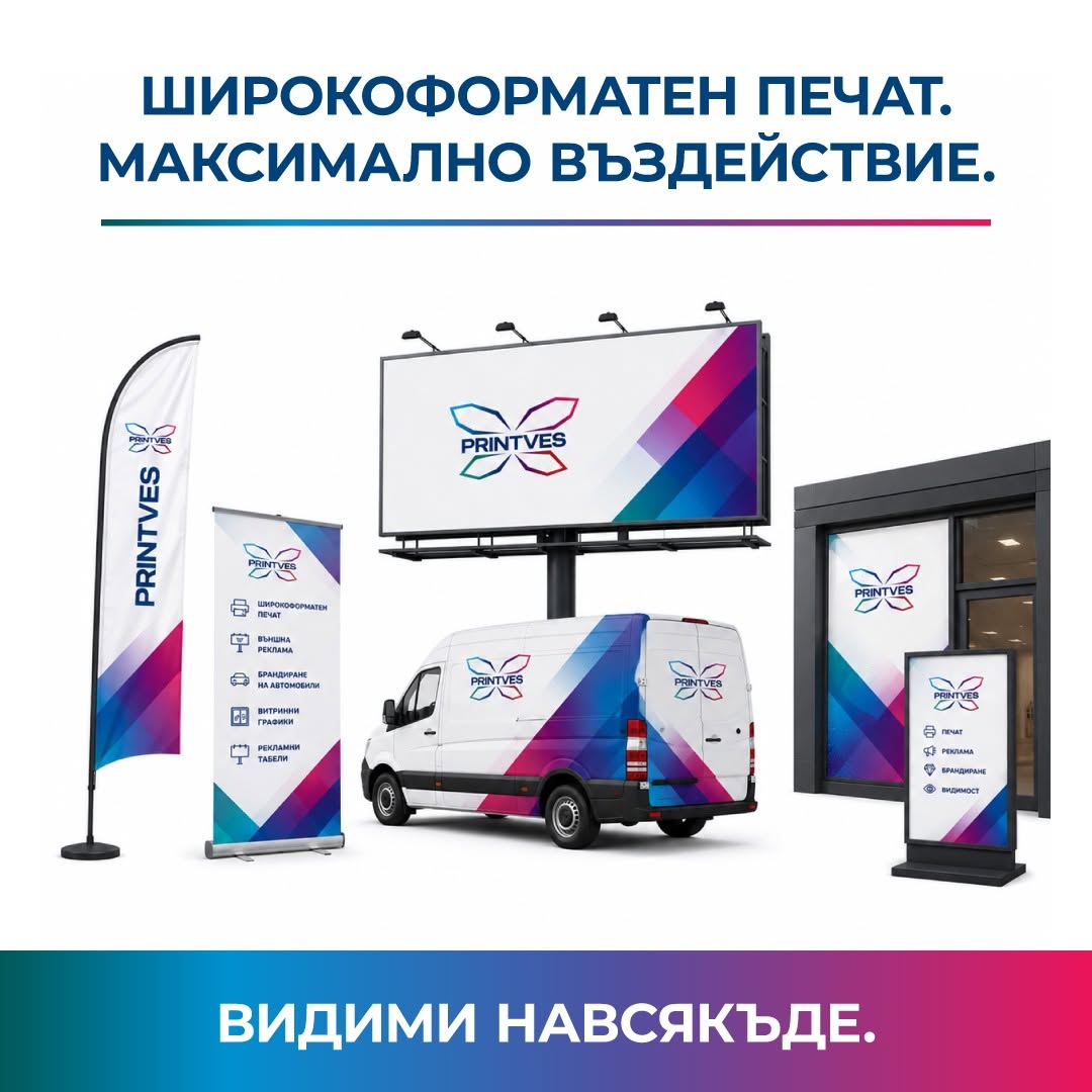 Визия за широкоформатен печат с билборд, бус, флаг и ролбанер