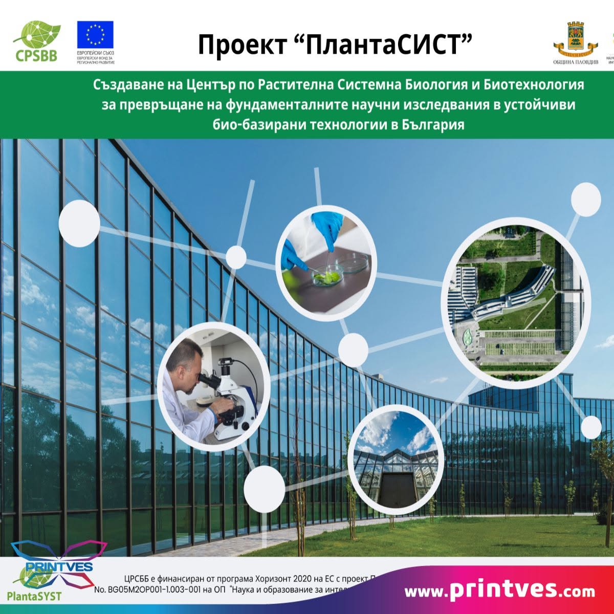 Информационен плакат за проект ПлантаСИСТ със снимки на сгради